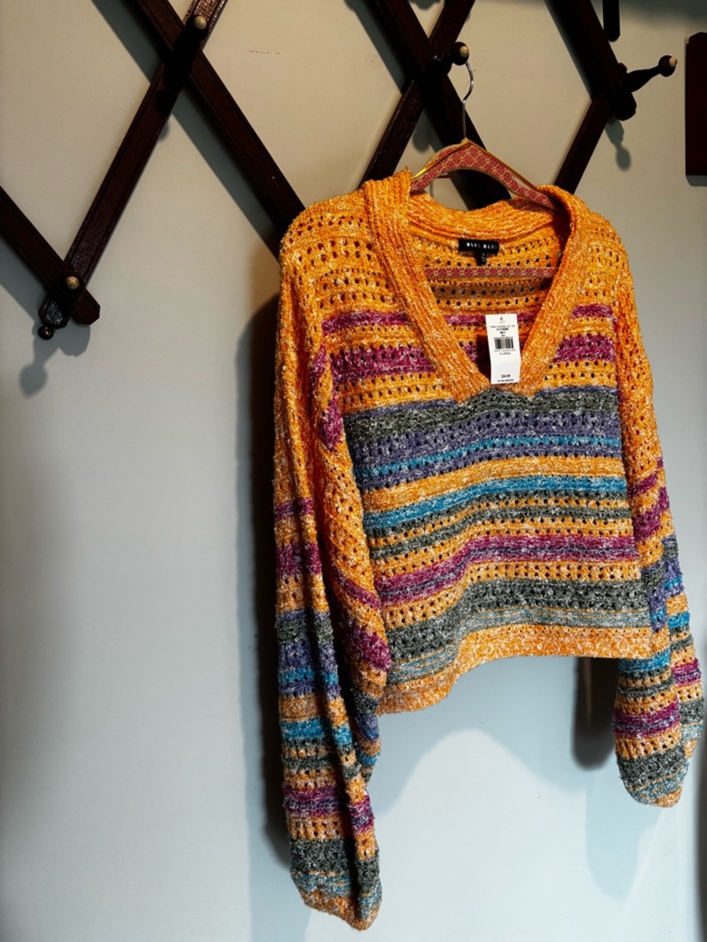 Blue Blush Mustard Multicolor Striped Open-Knit V-Neck Sweater